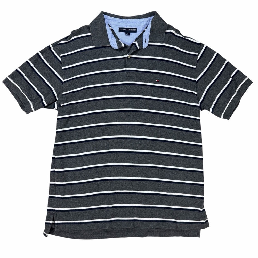 Vintage Y2K 07  Tommy Hilfiger Shirt Mens XL Polo Striped Short Sleeve Gray